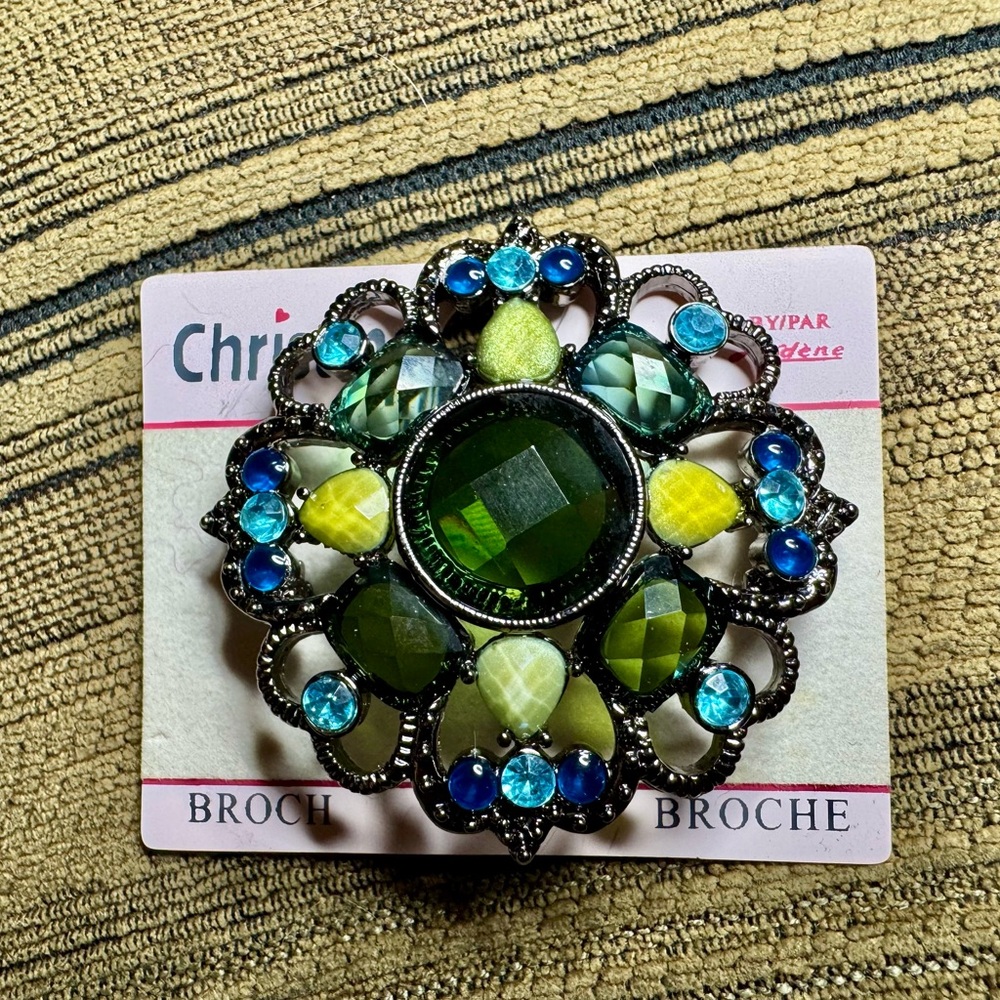 Elegant Green and Blue Brooch